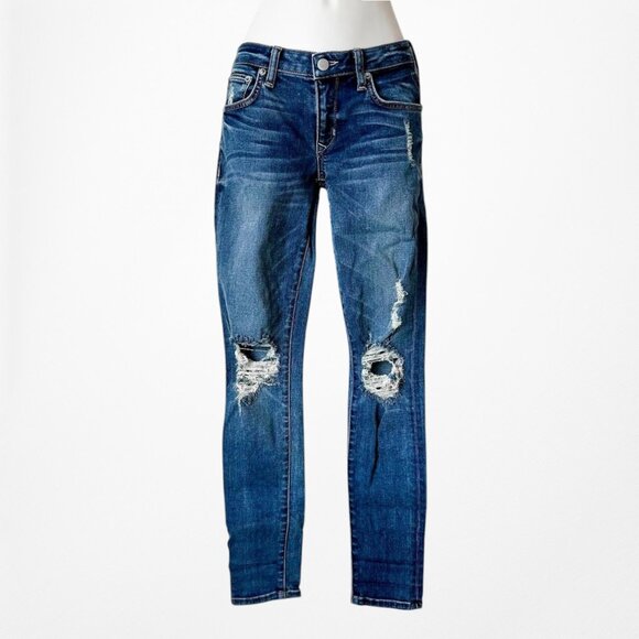 Lovers & Friends Dark Wash Denim Ripped Knee Mid Rise Skinny Jeans Size XS - Picture 3 of 7